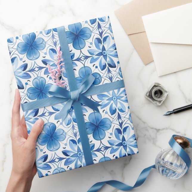 Papel De Regalo Flores blancas azules ducha de novia (Regalar)