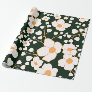 Papel De Regalo Flores blancas centradas en el amarillo y fondo ve