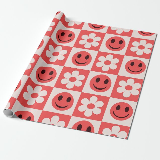Papel De Regalo Flores blancas cubiertas y caras sonrientes rojas (Desenrollado)