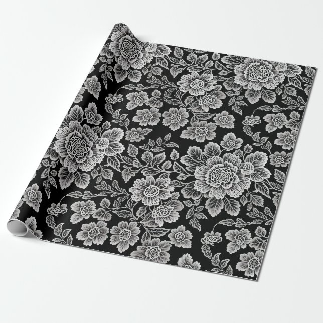Papel De Regalo Flores blancas de encaje en negro (Desenrollado)