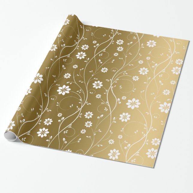 Papel De Regalo Flores Blancas Delicadas Sobre Fondo Oro (Desenrollado)