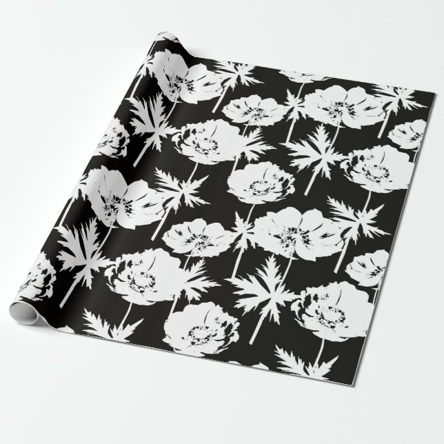 Papel De Regalo Flores blancas en negro. (Desenrollado)