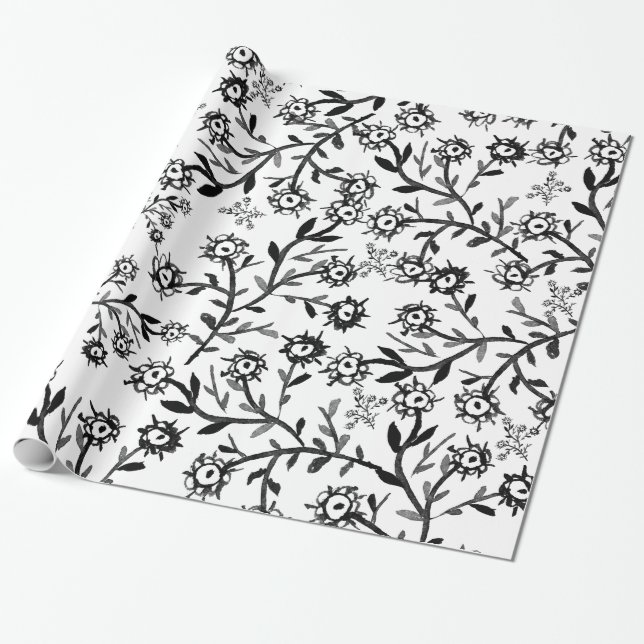 Papel De Regalo Flores blancas negras dibujadas mano de la (Desenrollado)