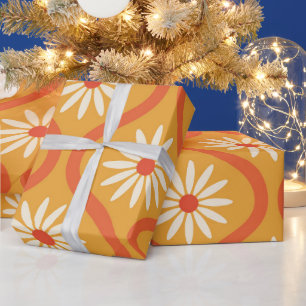 Papel De Regalo Flores blancas retro en el Naranja Ogee de mediado