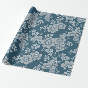 Papel De Regalo Flores blancas reversibles Fondo azul flotante