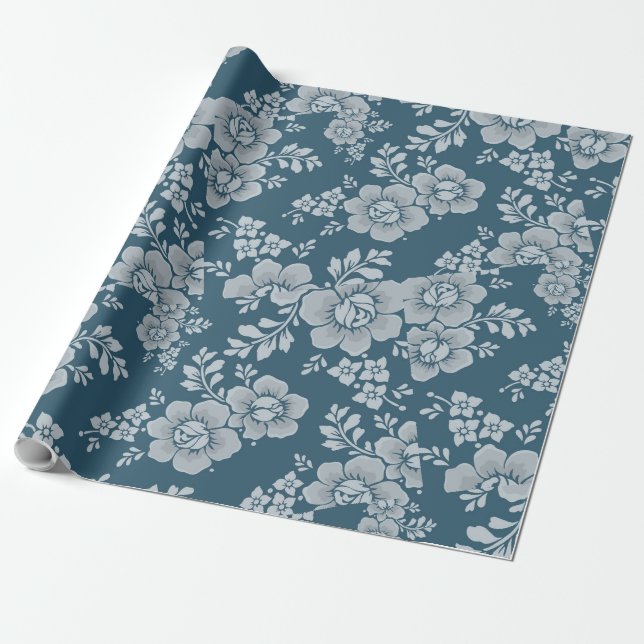Papel De Regalo Flores blancas reversibles Fondo azul flotante (Desenrollado)