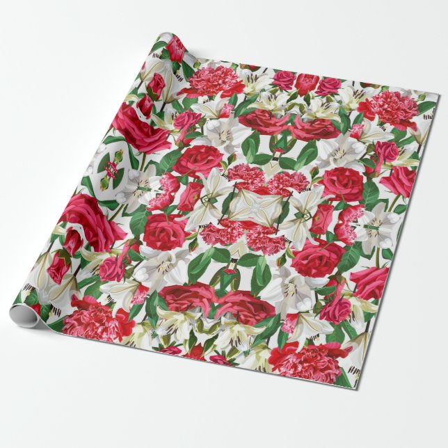 Papel De Regalo Flores blancas rojas florales Patrón de jardín acu (Desenrollado)