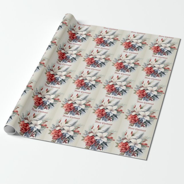 Papel De Regalo Flores Blancas Rojas Navidad Elegantes (Desenrollado)