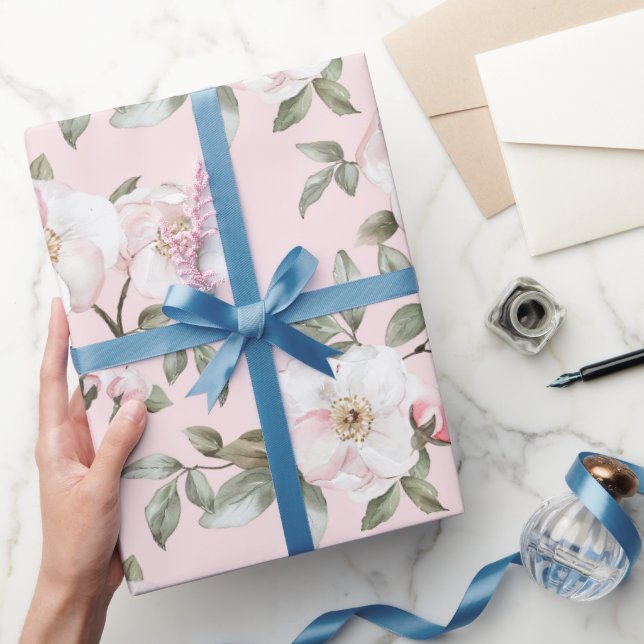 Papel De Regalo Flores Blancas Rosadas Hermosas Baño Nupcial (Regalar)