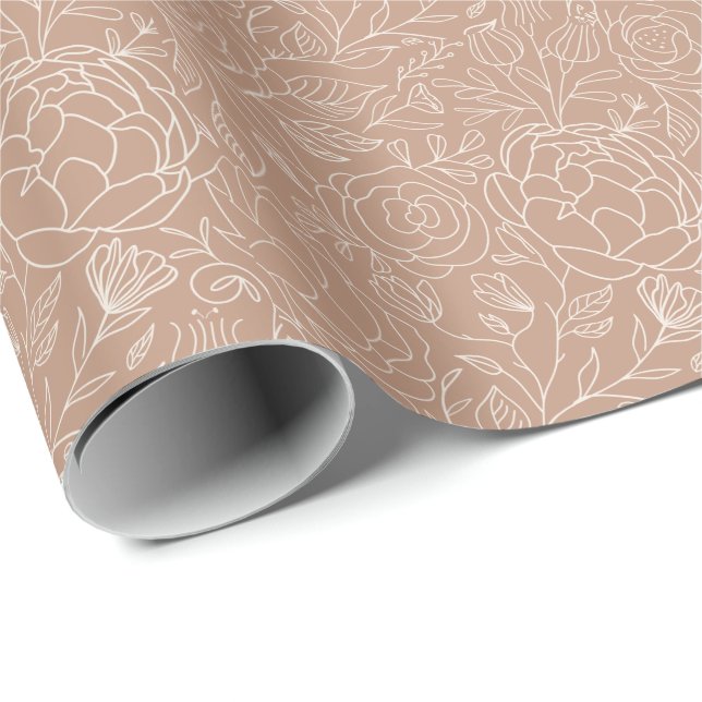 Papel De Regalo Flores blancas rosadas profundas Rosa polvorientas (Esquina del rollo)