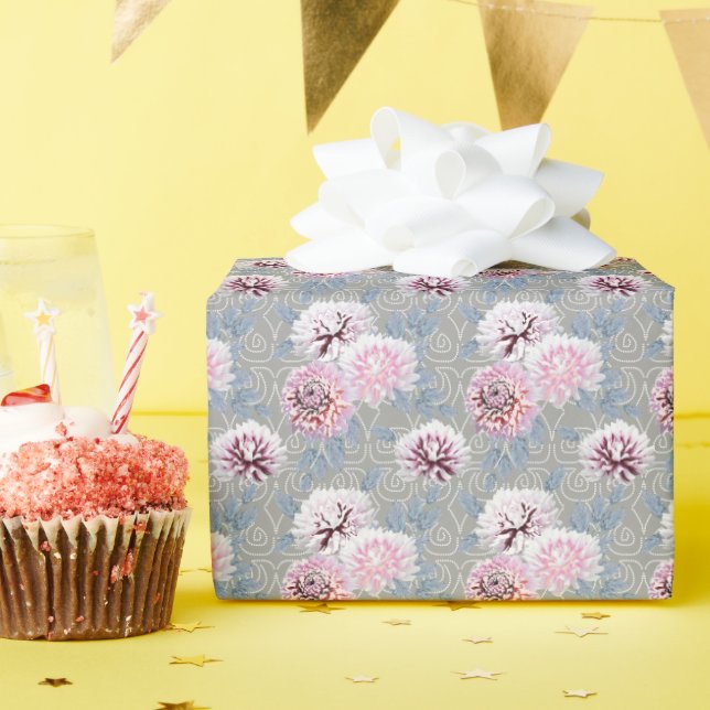 Papel De Regalo Flores blancas, rosadas sobre gris. (Fiesta de cumpleaños )