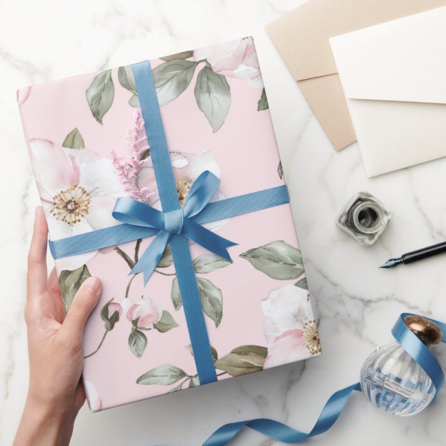 Papel De Regalo Flores Blancas Rosadas Suaves Despedida de Soltera (Regalar)