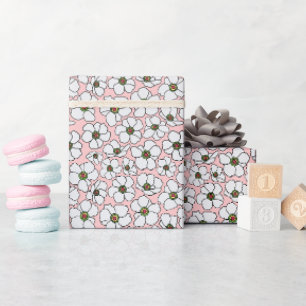 Papel De Regalo Flores blancas sobre rosa rubor