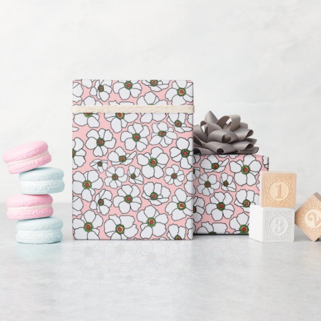 Papel De Regalo Flores blancas sobre rosa rubor (Baby Shower)