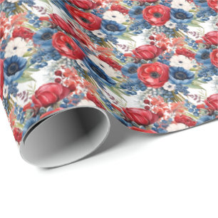 Papel De Regalo Flores blancas y azules rojas patrióticas