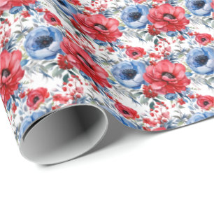 Papel De Regalo Flores blancas y azules rojas patrióticas