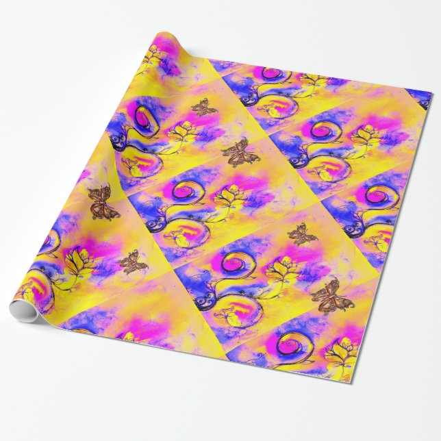 PAPEL DE REGALO FLORES BLANCOS AMARILLOS, MARIPOSAS DE ORO (Desenrollado)