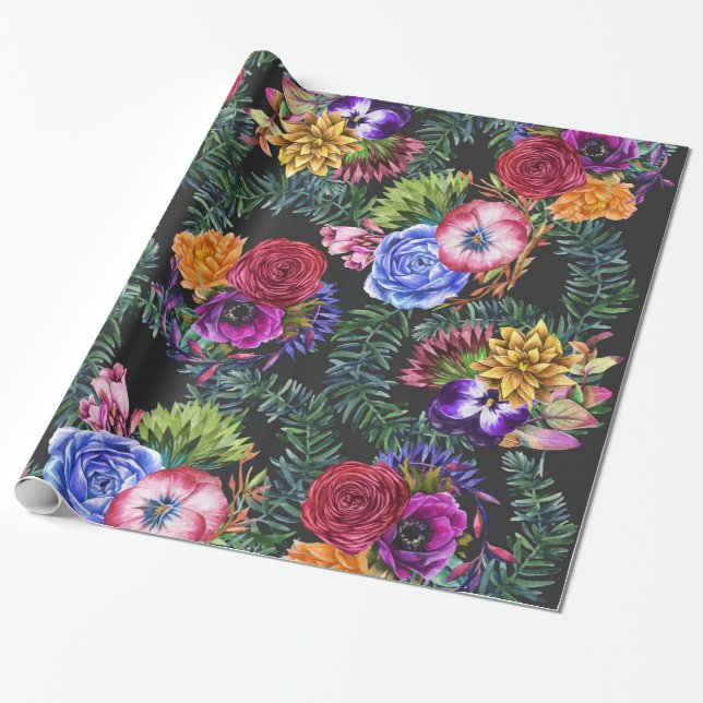 Papel De Regalo Flores bohemias de la acuarela y hojas tropicales (Desenrollado)