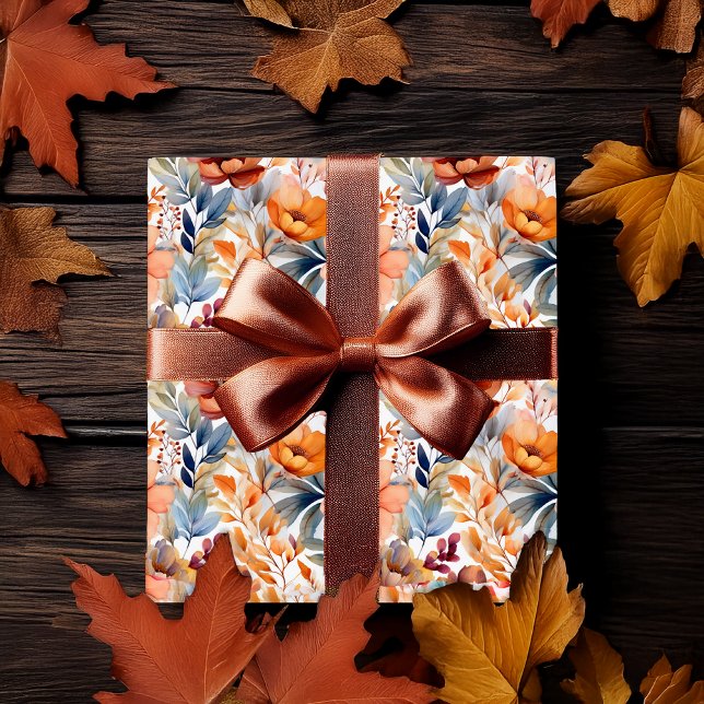 Papel De Regalo Flores Bohemias de Otoño Terracota Albaricoque Azu (Boho Fall | Autumn Floral Pattern Wrapping Paper  - Terracotta, Apricot and Dusky Blue)