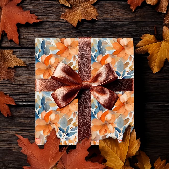 Papel De Regalo Flores Bohemias de Otoño Terracota Albaricoque Azu (Boho Fall | Autumn Floral Blooms Terracotta Apricot Blue Wrapping Paper)