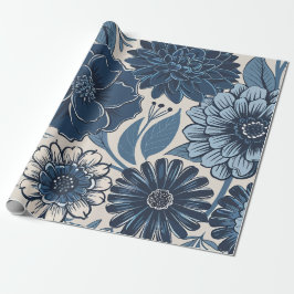 Papel De Regalo Flores Botánicas Azules: Arte Floral Elegante