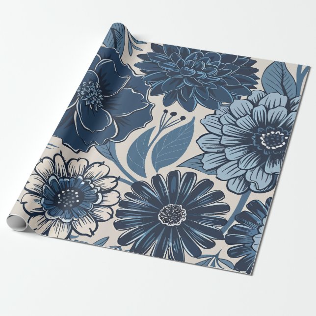 Papel De Regalo Flores Botánicas Azules: Arte Floral Elegante (Desenrollado)