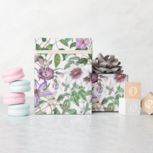 Papel De Regalo Flores Botánicas Vintage Verde Lila Blanco