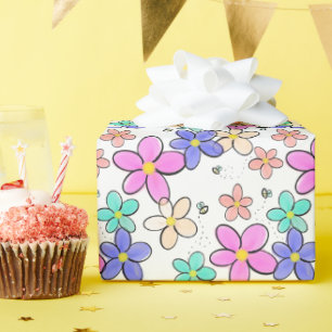 Papel De Regalo flores brillantes arcoíris coloridas abejas floral