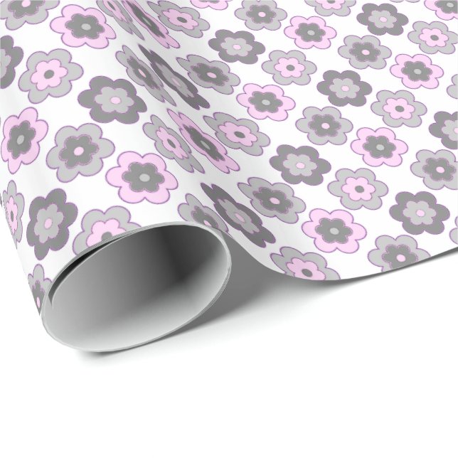 Papel De Regalo Flores Burbuja Retro (Rosa y Gris) Patrón (Esquina del rollo)