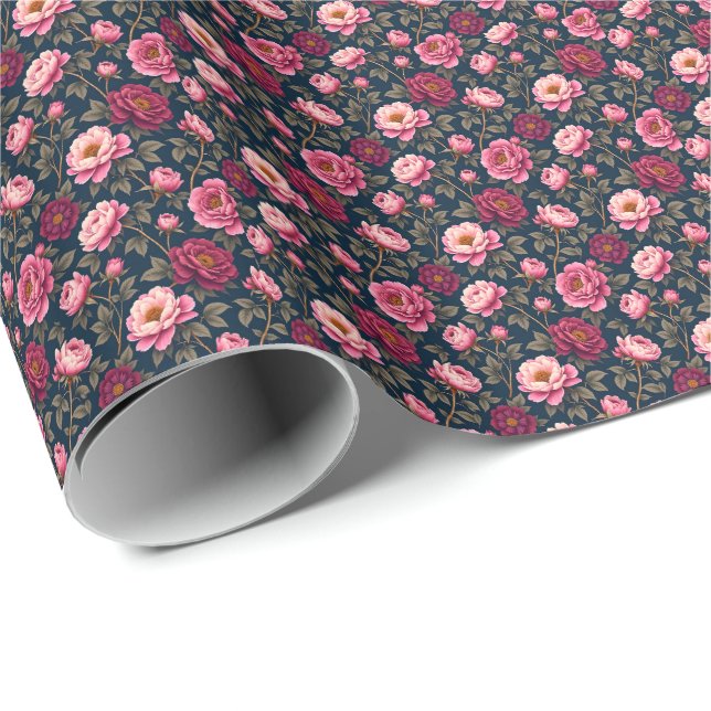 Papel De Regalo Flores Burgundy y Rosadas (Esquina del rollo)