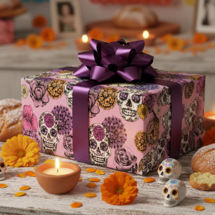 Papel De Regalo Flores Calaveras de Azúcar Coloridas Dibujadas a M