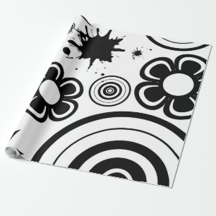 Papel De Regalo Flores caprichosas en blanco y negro, círculos, sa