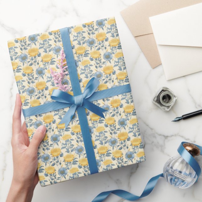 Papel De Regalo Flores caprichosas: flores de limón y azul (Regalar)