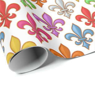 Papel De Regalo Flores Coloridas y Negritas Fleur-de-lis Blancas