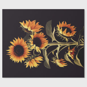 PAPEL DE REGALO FLORES CON HOJAS VERDES EN NEGRO