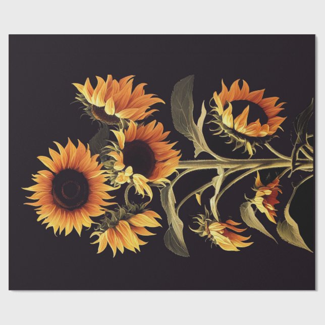 PAPEL DE REGALO FLORES CON HOJAS VERDES EN NEGRO (Superficie plana)