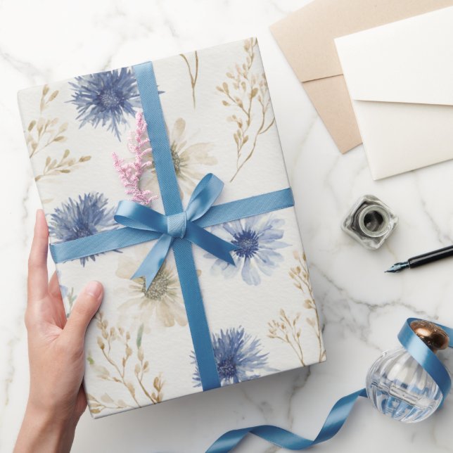 Papel De Regalo Flores Crema Azules Despedida de Soltera (Regalar)