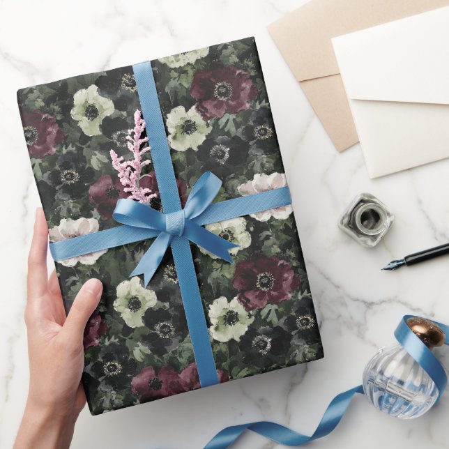 Papel De Regalo Flores Cumpleaños Verde Blanco Borgoña (Regalar)