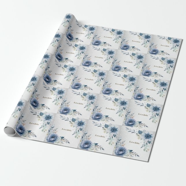 Papel De Regalo Flores de Acuarela Azul Polvoriento Elegantes Plat (Desenrollado)