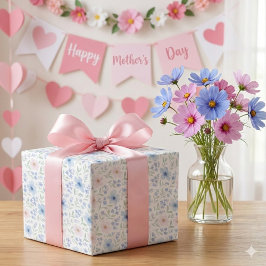 Papel De Regalo Flores de Acuarela Azul Rubor
