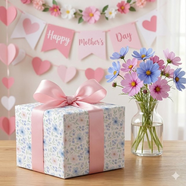 Papel De Regalo Flores de Acuarela Azul Rubor (Floral watercolor gift wrap with pink bow, cosmos bouquet, and soft Mother's Day backdrop.)