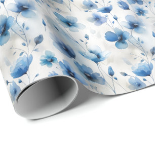 Papel De Regalo Flores de acuarela de color blanco y azul elegante