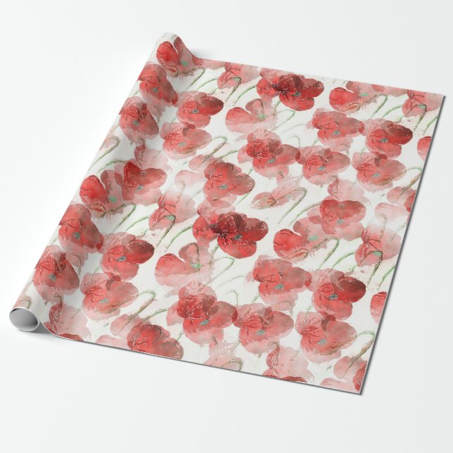 Papel De Regalo Flores de adormidera roja acuarela (Desenrollado)