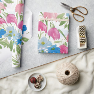 Papel De Regalo Flores De Agua De Primavera Azul Y Rubor