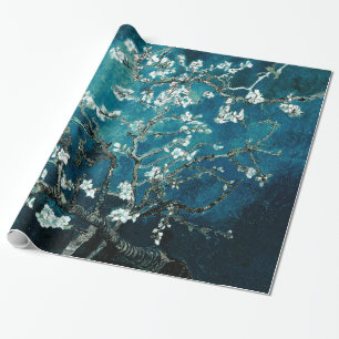 Papel De Regalo Flores de Almendro de Van Gogh Verde Azul Oscuro