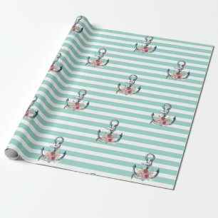 Papel De Regalo Flores de Ancla Náuticas Rayas Verde Menta