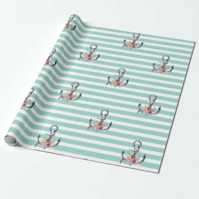 Papel De Regalo Flores de Ancla Náuticas Rayas Verde Menta   (Desenrollado)