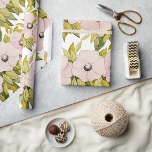 Papel De Regalo Flores de Anémona Rosa Suave Acuarela Pintadas a M