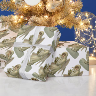 Papel De Regalo Flores de ángel de Navidad vintage, corte victoria