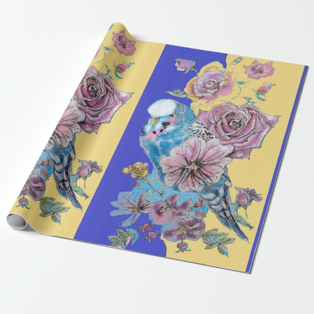 Papel De Regalo Flores de arte de los Rosas de Blue Budgie (Desenrollado)